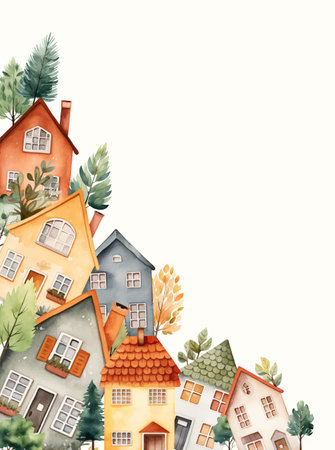 European town, frame with houses for your design, template. Cityscape frame, scandinavian houses.のイラスト素材