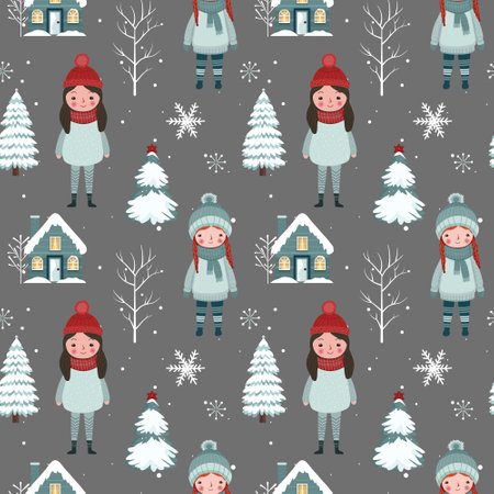 Winter seamless pattern with girls, house, snowy trees. Christmas vector pattern. Winter background design.のイラスト素材