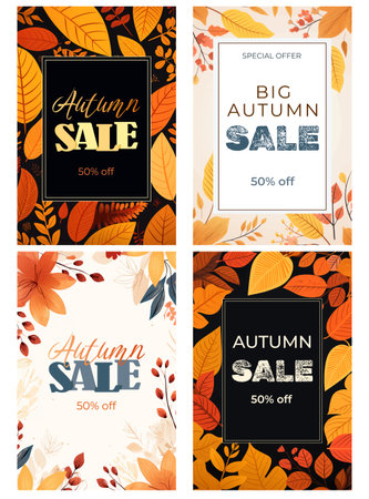Set of autumnal frames, backgrounds, banner. Poster with beautiful leaves. Template for advertising, social mediaのイラスト素材