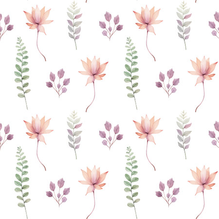 Watercolor floral background. Seamless pattern with delicate leaves and flowers. Hand drawn botanical wallpaperのイラスト素材