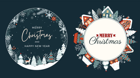 Winter card, frame with scandi houses, trees. Concept christmas and New Year. Winter ornament posterのイラスト素材