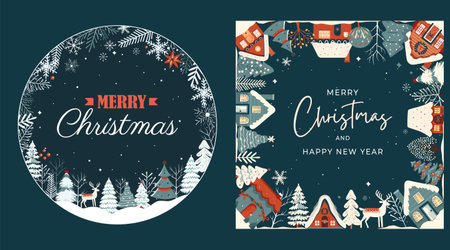 Winter card, frame with scandi houses, trees. Concept christmas and New Year. Winter ornament posterのイラスト素材