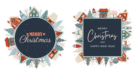Set winter frames, card with scandi houses, trees. Concept christmas and New Year. Winter ornament posterのイラスト素材