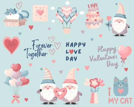 Set of cute vector love stickers. Valentines day elements: gnome, heart, cat, balloons. Romantic vector icons pack pastel colorsのイラスト素材