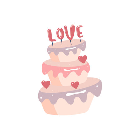 Cute vector love sticker cake. Valentines day cake with text love. Romantic vector icon pack pastel colorsのイラスト素材