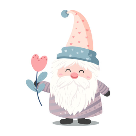 Cute vector love sticker gnome with flowers. Valentines day gnome. Romantic vector icon in pastel colorsのイラスト素材