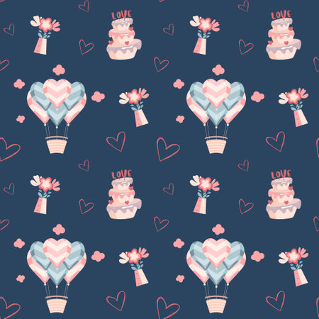 Cute hearts balloons and love cake and flowers vector pattern. Valentine's Day background.のイラスト素材