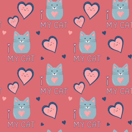 Cute hearts, quote I love my cat vector seamless pattern. Valentine's Day background.のイラスト素材