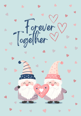 Vector love frame pastel colored. Hearts and gnomes. Valentine's day concept poster. Cute love sale banner or greeting cardのイラスト素材
