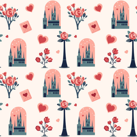 Valentine's Day pattern. Heart shapes and romantic city. Love bouquets seamless vector background.のイラスト素材