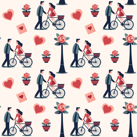 Valentine's Day background. Heart shapes and romantic couple. Love bouquets seamless vector pattern.のイラスト素材
