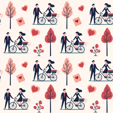 Valentine's Day background. Heart shapes and romantic couple. Love bouquets seamless vector pattern.のイラスト素材