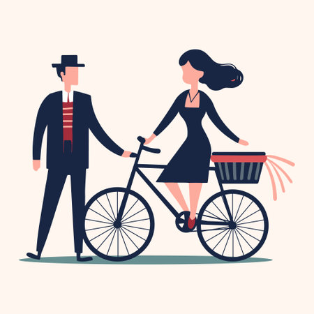 Romantic vector couple in love and bike. Valentines day design flat style. Romantic vector icon. Vintage style.のイラスト素材