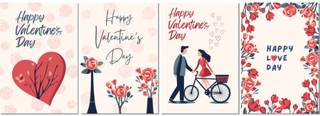 Set of Valentine's day cards. Backgrounds with couple, hearts, roses. Love concept poster in flat style. Banner or greeting cardのイラスト素材