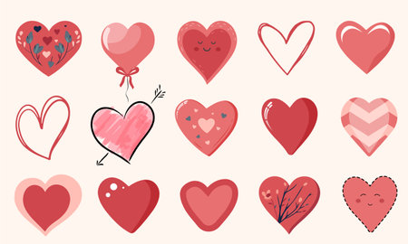 Ð¡ollection of hearts in different styles. Hand drawn, sketch, flat design. Hearts set for cards, posters, banners.のイラスト素材