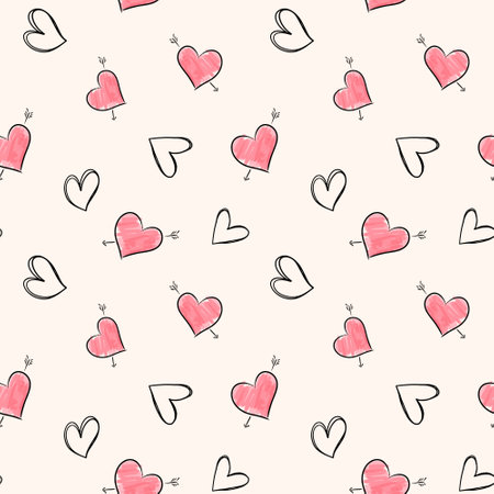 Doodle background with hearts. Valentine day Love seamless vector pattern. Hand drawn hearts.のイラスト素材