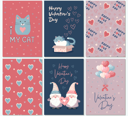 Set of vector love background with cute gnomes and cat. Valentine's day concept. Love banner or greeting cardのイラスト素材
