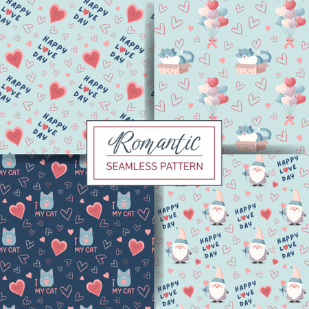 Set of seamless love patterns with cute hearts, cat, gnome, quotes. Valentine's Day backgrounds.のイラスト素材