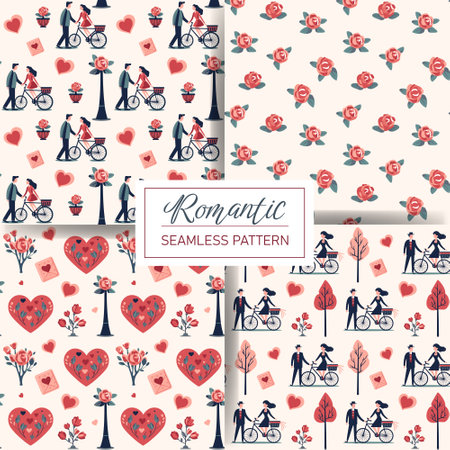 Set of seamless love patterns with hearts, roses, couple, Valentine's day elements. Vector backgrounds.のイラスト素材
