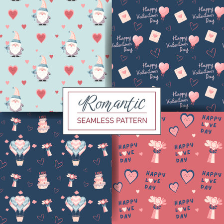 Set of seamless love patterns with cute balloons, hearts, gnome, quotes. Valentine's Day backgrounds.のイラスト素材