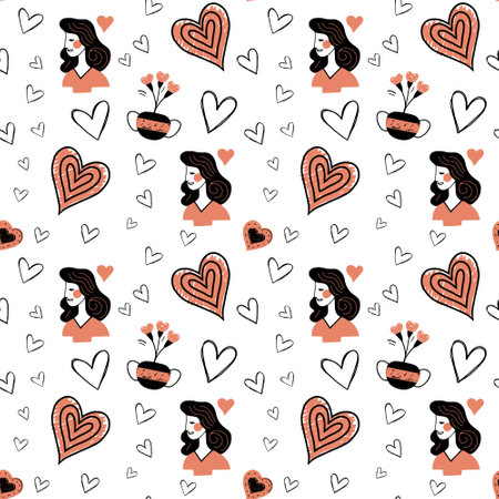 Doodle background in trendy color with romantic girl and hearts. Valentine day seamless vector pattern. Hand drawnのイラスト素材