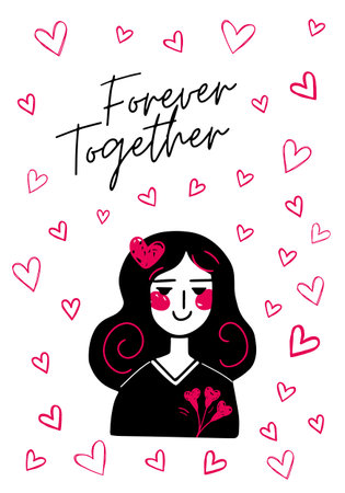 Love background with girl and hearts. Greeting card. Valentine's day concept poster in flat doodle style.のイラスト素材