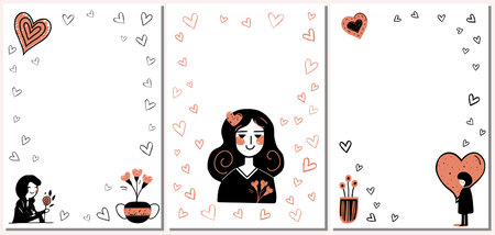 Set of Valentine's day doodle frames. Minimalistic backgrounds with girl, hearts, flowers. Love concept cardsのイラスト素材
