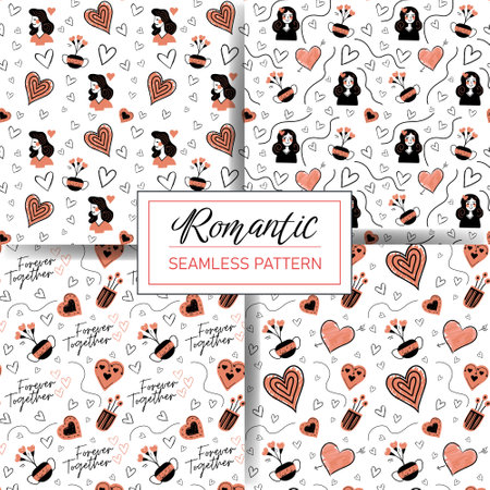 Valentine's day patterns in trendy color. Set of seamless doodle backgrounds with heart, text, girl. Vector love wallpaper.のイラスト素材