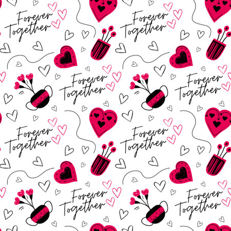 Doodle background with romantic text and hearts. Valentine day seamless vector pattern. Hand drawn love elements.のイラスト素材
