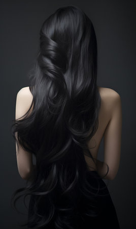 Beautiful dark long hair from behind. Black hair.  Ai generatedの素材