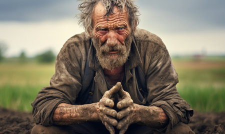 A working man with dirty hands against the background of a field. Tired worker. Ai generatedの素材