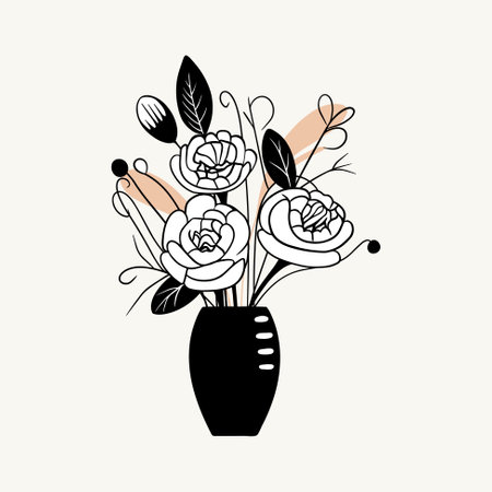 Vector monochrome bouquet. Hand drawn spring flowers in black. Flowers outline.のイラスト素材
