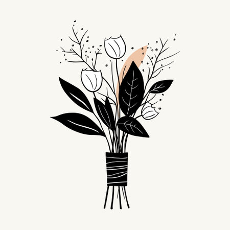 Vector monochrome bouquet. Hand drawn spring flowers in black. Flowers outline.のイラスト素材