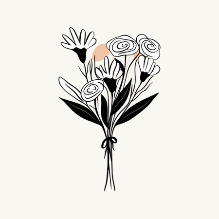 Vector monochrome bouquet. Hand drawn spring flowers in black. Flowers outline.のイラスト素材