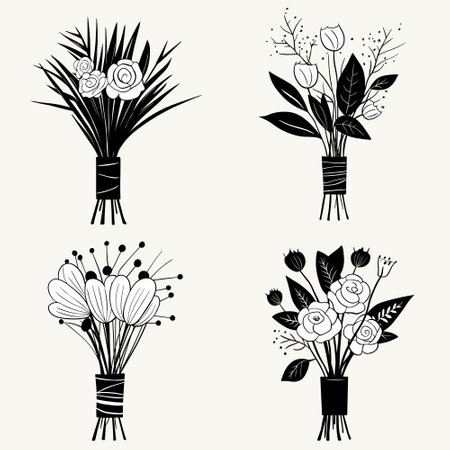 Monochrome flower bouquets hand drawn. Vector outline set of spring bouquets in black.のイラスト素材
