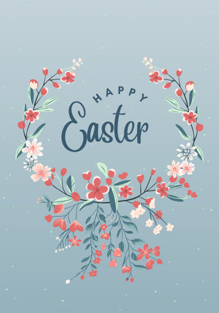 Happy Easter frame. Trendy Easter design with bunny in pastel colors and text. Poster, greeting card, banner.のイラスト素材