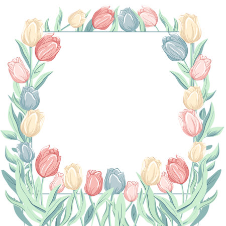 Spring frame. Trendy floral design with tulips in pastel colors. For poster, greeting card, banner.のイラスト素材