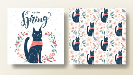 Set of Spring greeting card and seamless pattern with cat, spring template. Hello Springのイラスト素材