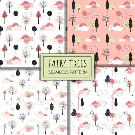 Set of cute fantasy seamless patterns. Spring trees vector pattern. Ð¡hildish comic backgrounds.のイラスト素材