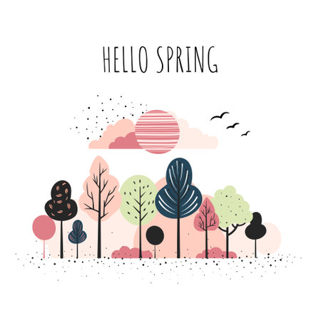 Fairy trees. Spring trees minimalist style. Scandinavian trees composition. Cartoon fantasy frame. Hello spring card.のイラスト素材