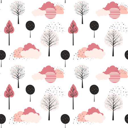 Cute fantasy seamless pattern. Scandinavian trees and clouds vector wallpaper. Ð¡hildish background.のイラスト素材