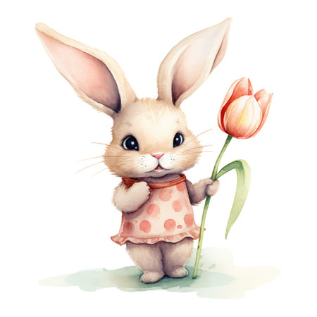 Cute watercolor rabbit. Easter bunny. Springtime design with bunny and tulip. Greeting card, poster.のイラスト素材