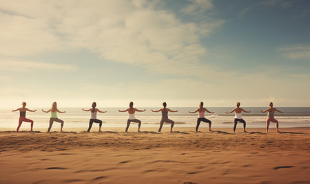 Group of people making yoga exercises on beachの素材
