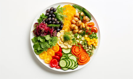 Vegetarian salad. Plate with vegan or vegetarian food. Healthy plant based diet. Healthy dinner or lunch. Top viewの素材
