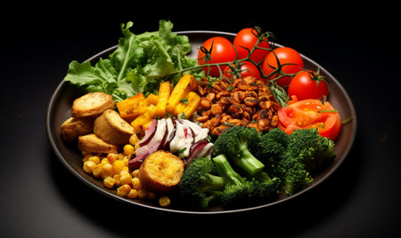 Vegetarian salad. Plate with vegan or vegetarian food. Healthy plant based diet. Healthy dinner or lunch. Top viewの素材