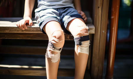 Childs scraped legs. The child has a scratched knee which is in the wounds from falling on the asphalt. Bandage to a wounded kneeの素材
