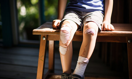 Childs scraped legs. The child has a scratched knee which is in the wounds from falling on the asphalt. Bandage to a wounded kneeの素材