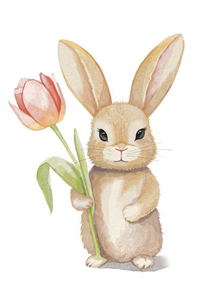 Watercolor bunny with tulip. Illustration with hand drawn rabbit, easter bunny on white background.の写真素材