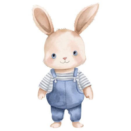 Watercolor rabbit in clothes. Watercolor toys. Baby bunny vector illustration. Cute cartoon hareのイラスト素材