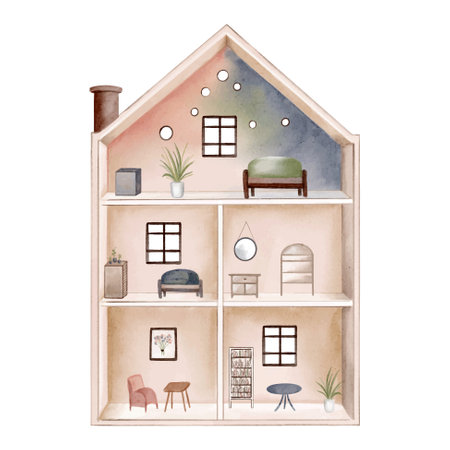 Watercolor doll house with three storeys, little furniture. Watercolor toys. Pastel colored puppetのイラスト素材